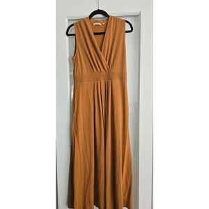 Soft Surroundings Athena Dress Sleeveless V Neck Maxi Jersey Knit Small Honey